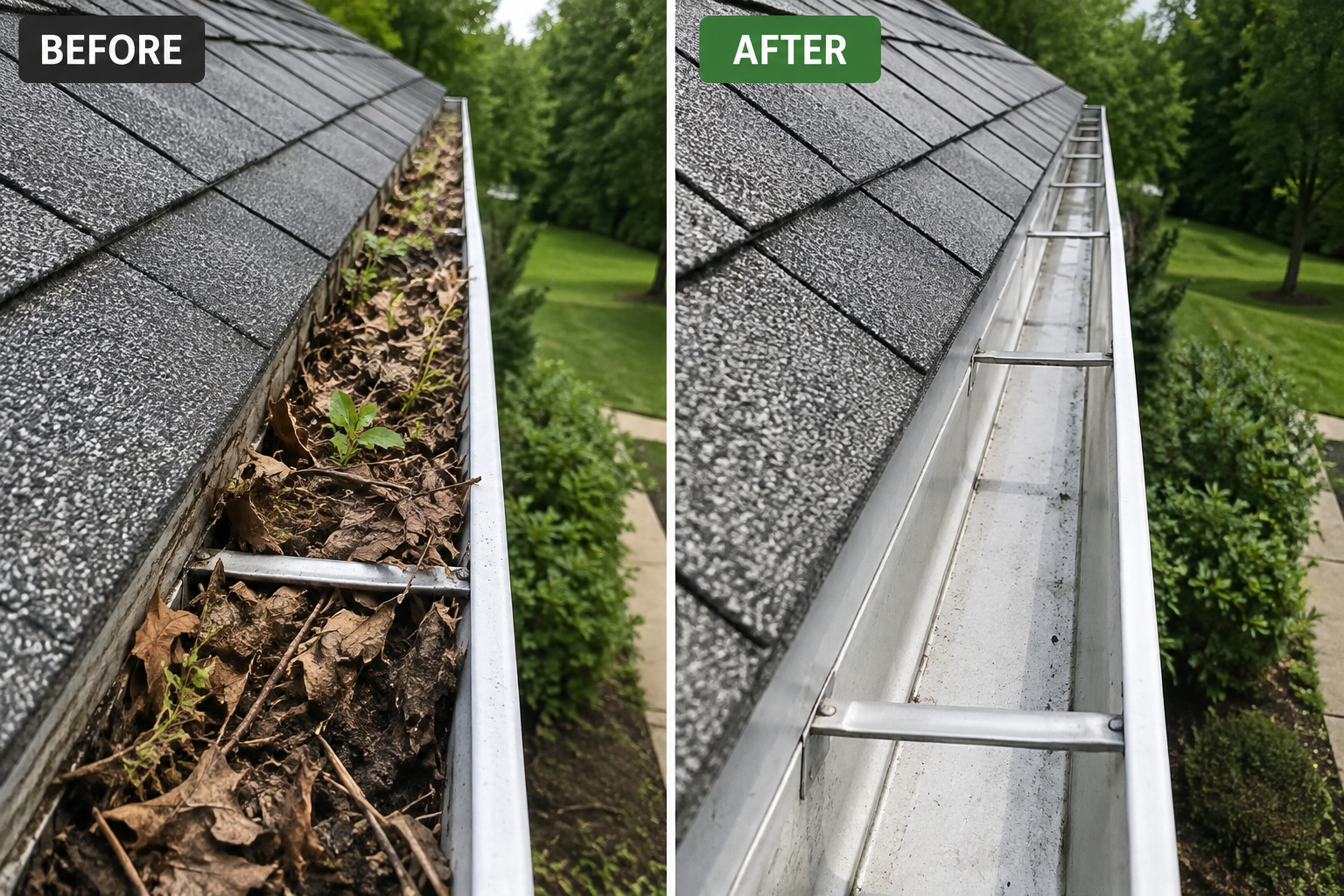 Before and after gutter cleaning showing a debris-filled gutter beside the cleared result